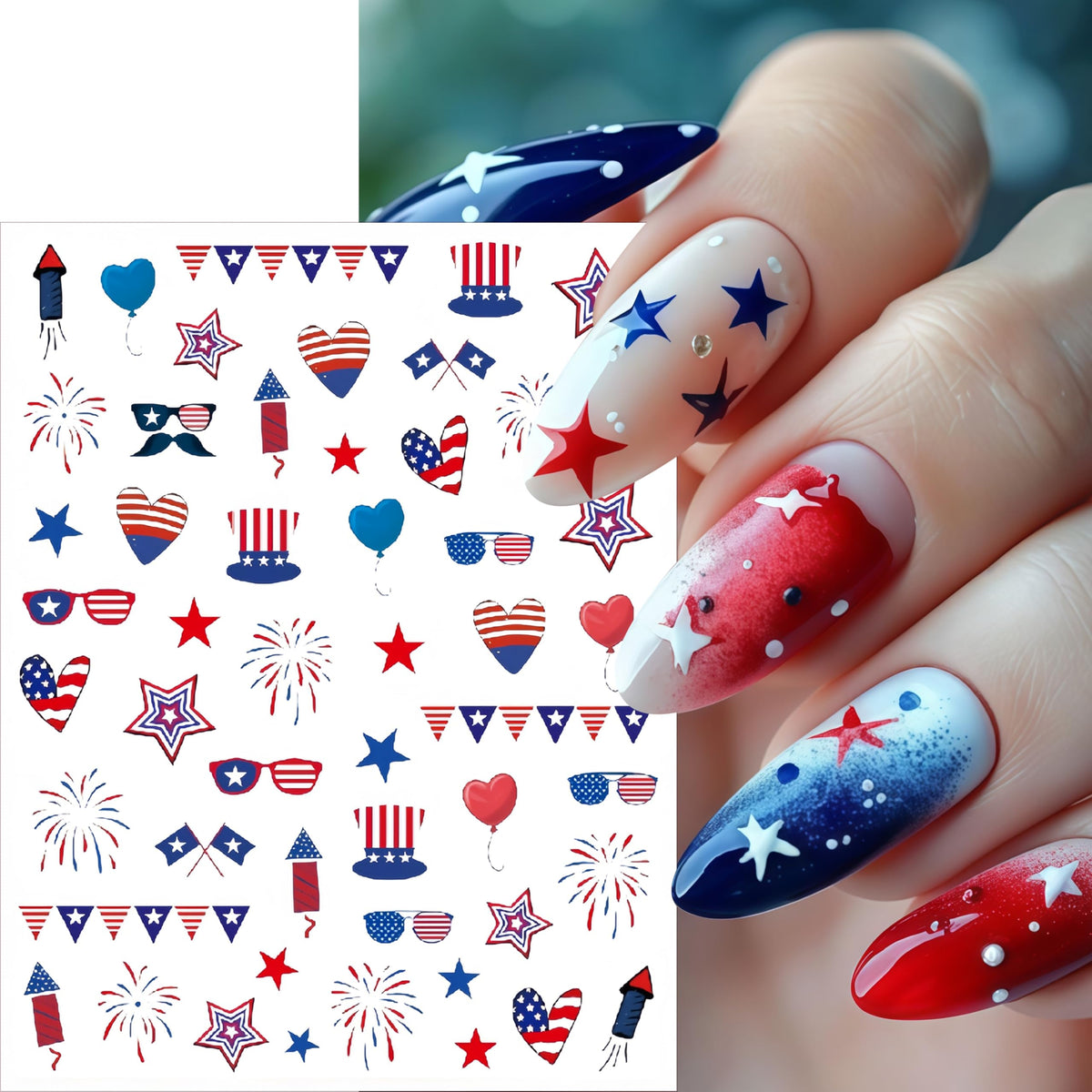 SHUXILIN stickers applied on press-on nails for quick patriotic look