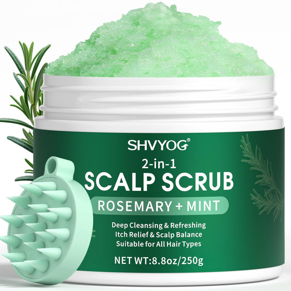 SHVYOG front packaging showing rosemary scalp scrub and massager benefit refreshes scalp