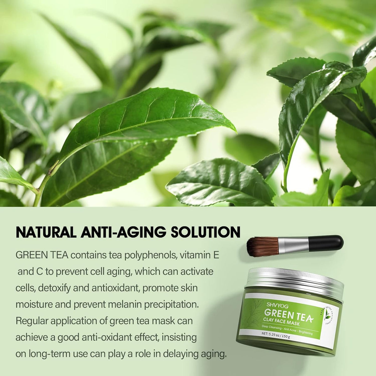 SHVYOG open jar revealing green tea clay for easy scooping