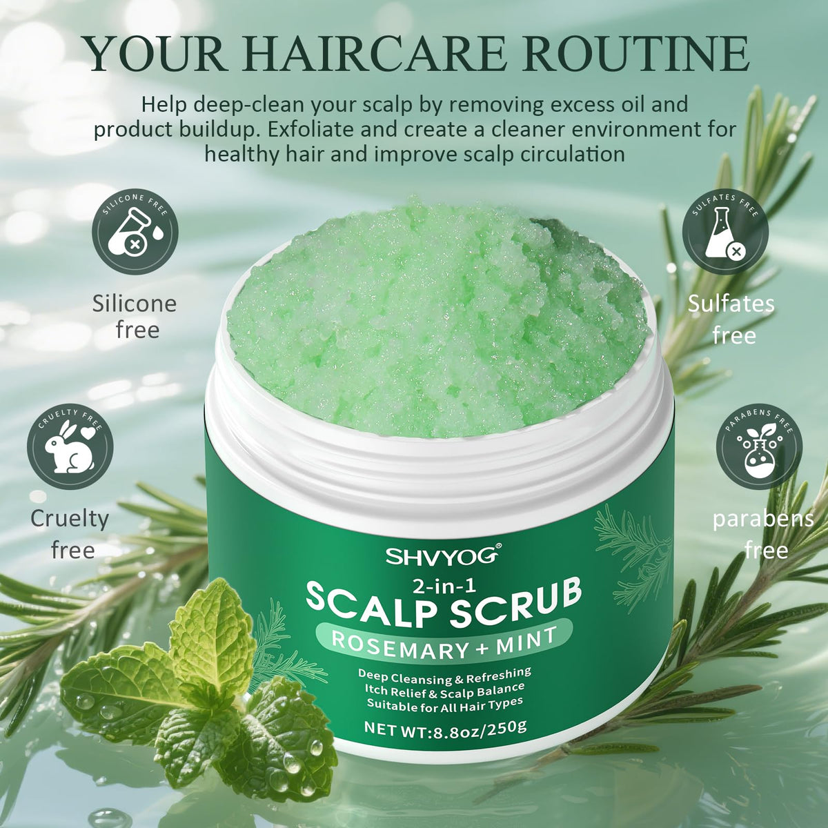 SHVYOG ingredients flatlay rosemary peppermint and jojoba illustrate natural nourishing blend