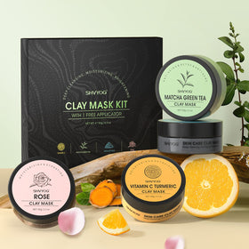 SHVYOG ingredients flatlay with turmeric, green tea, rose highlighting natural extracts