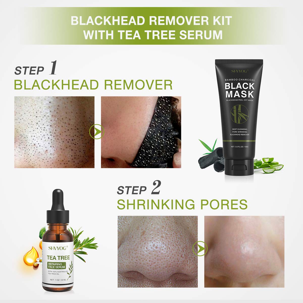 SHVYOG tea tree serum dropper releasing a clear drop to soothe skin after masking