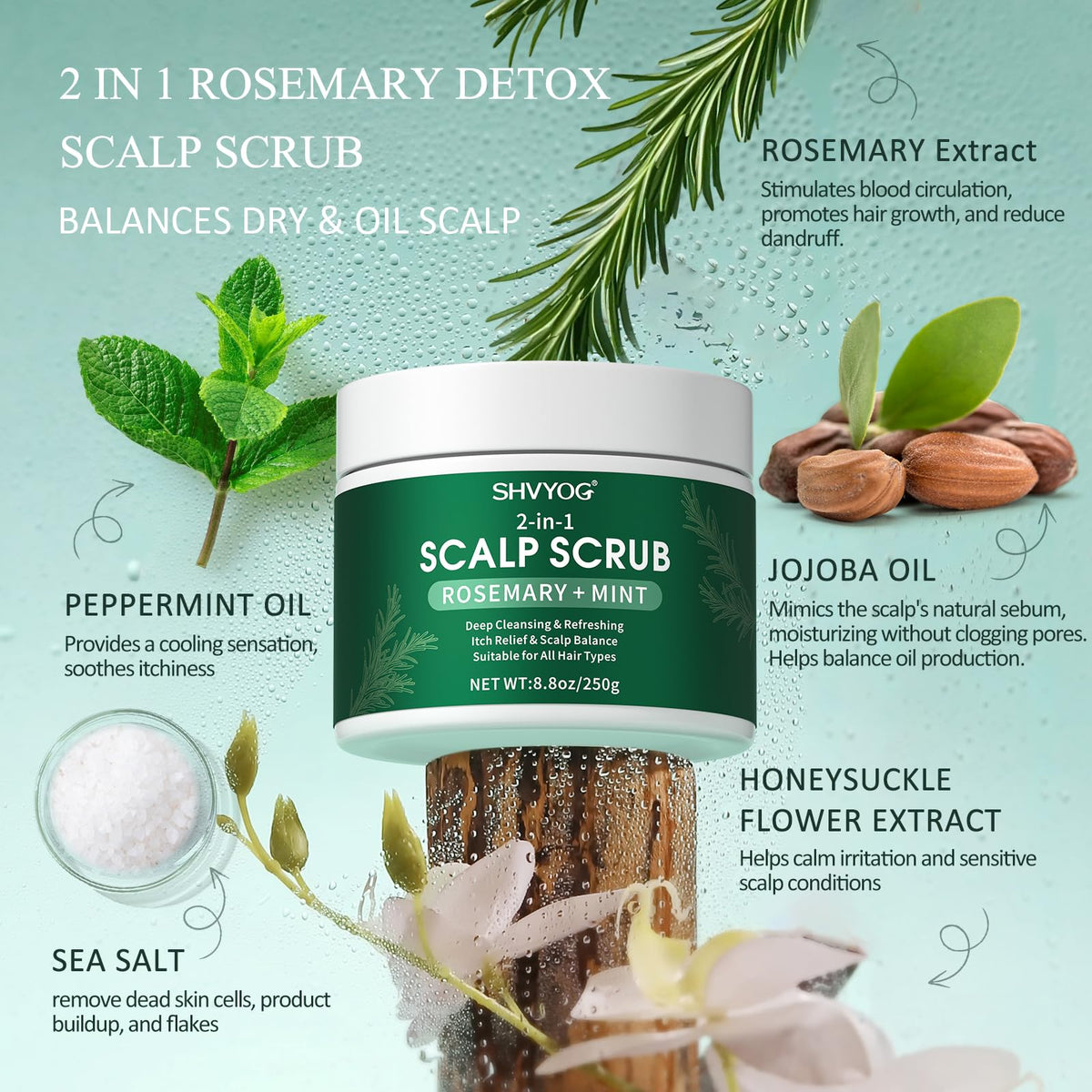 SHVYOG texture close-up sea salt granules and oils highlight exfoliating effectiveness