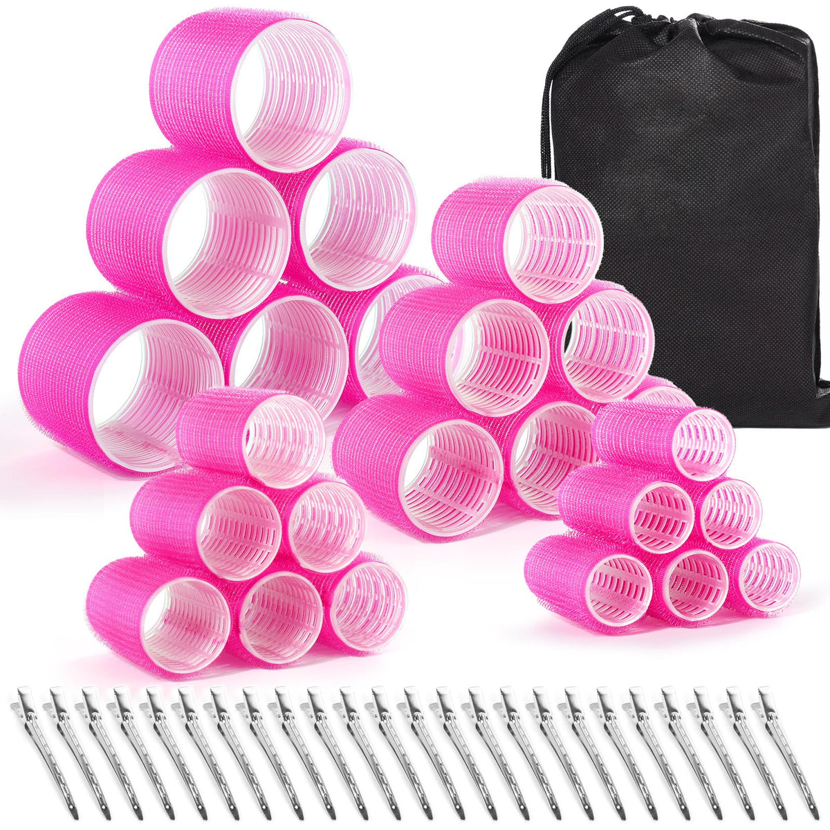 shynek front view of roller set showing rose red rollers and clips for easy styling