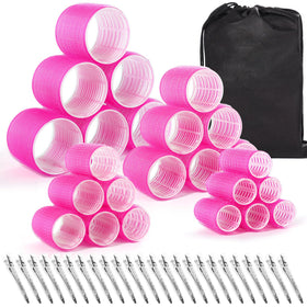 shynek front view of roller set showing rose red rollers and clips for easy styling