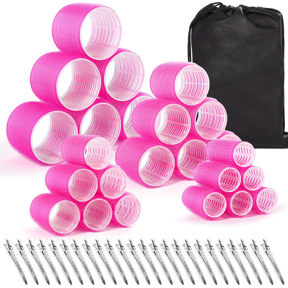 shynek front view of roller set showing rose red rollers and clips for easy styling