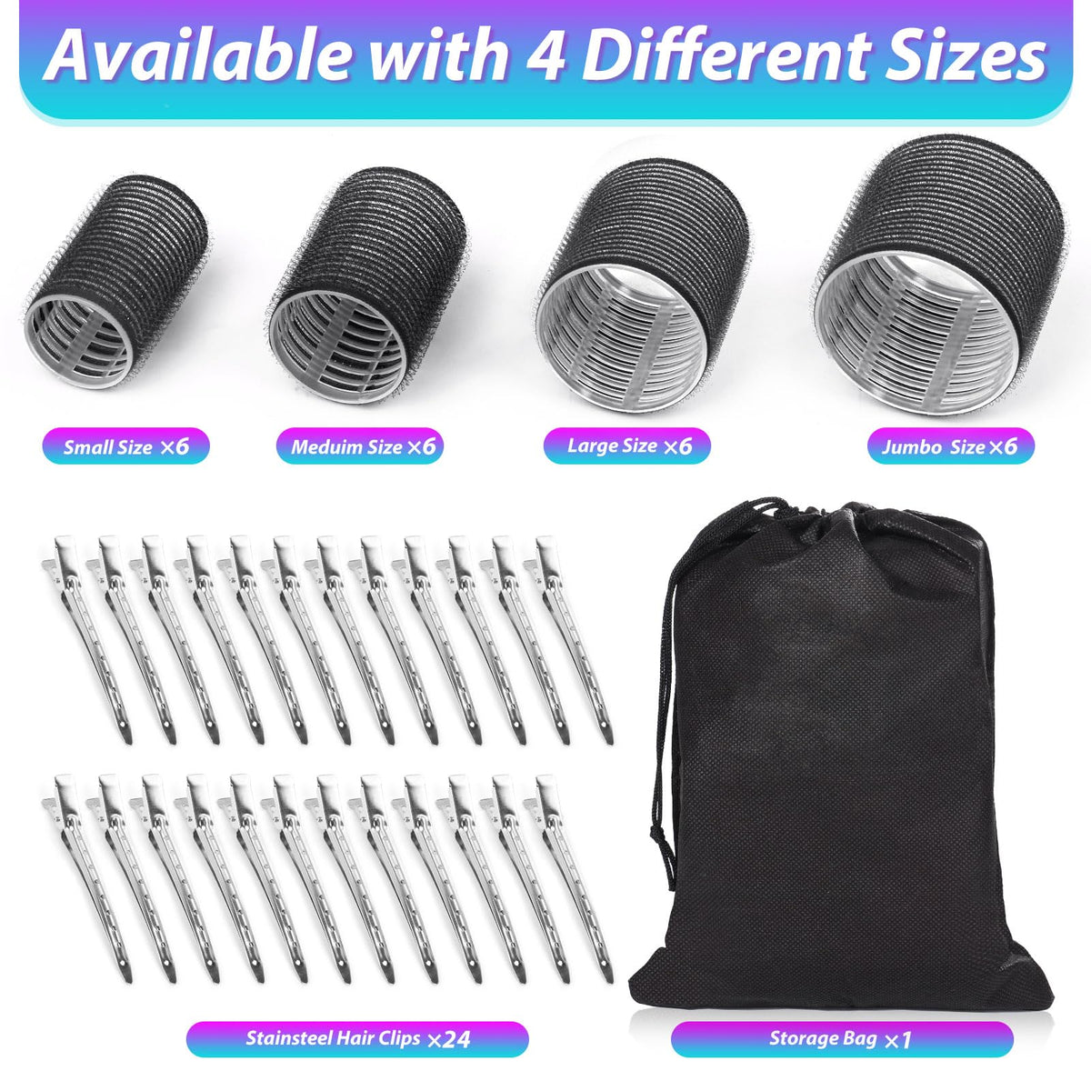 shynek rollers size comparison showing jumbo to small for varied curls