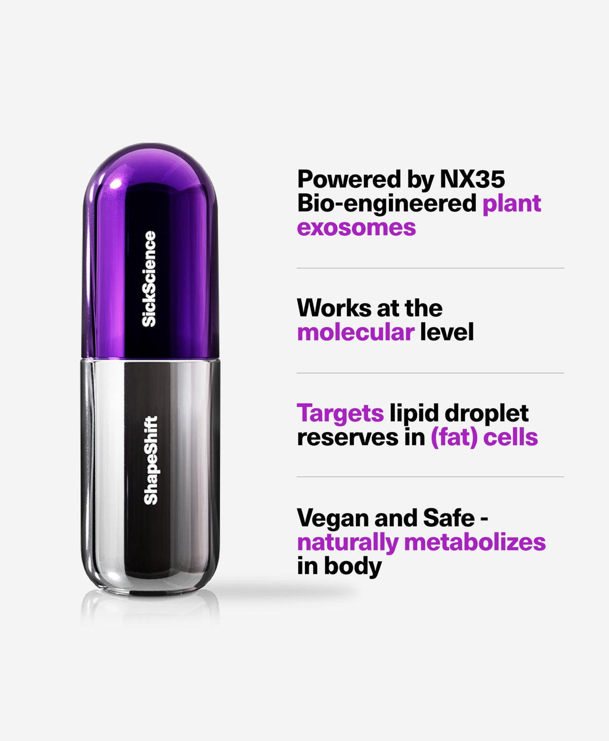 SickScience label close-up showing NX35 exosomes, peptides, and clean credentials