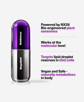 SickScience label close-up showing NX35 exosomes, peptides, and clean credentials