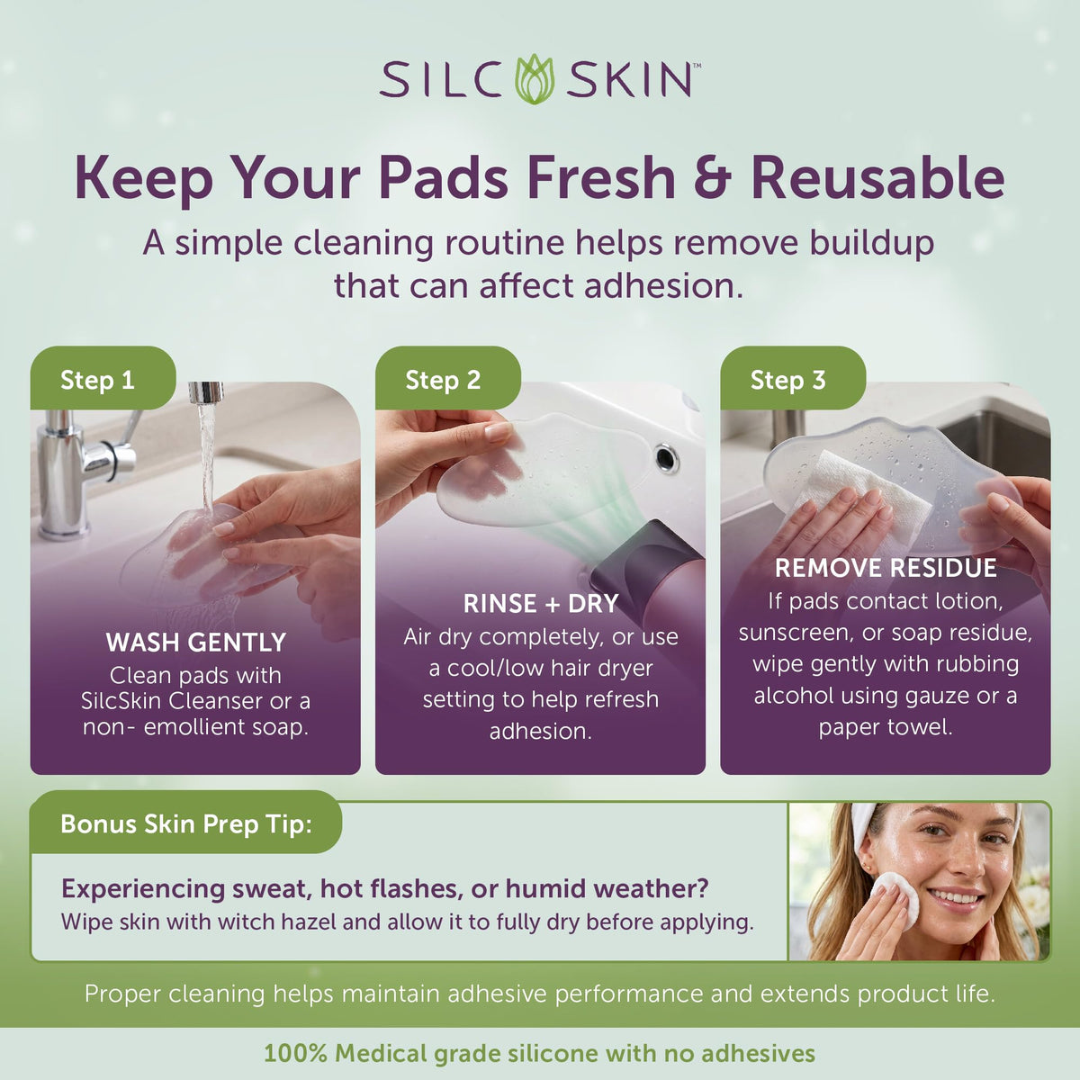 Silc Skin pad in hand showing scale for easy placement benefit