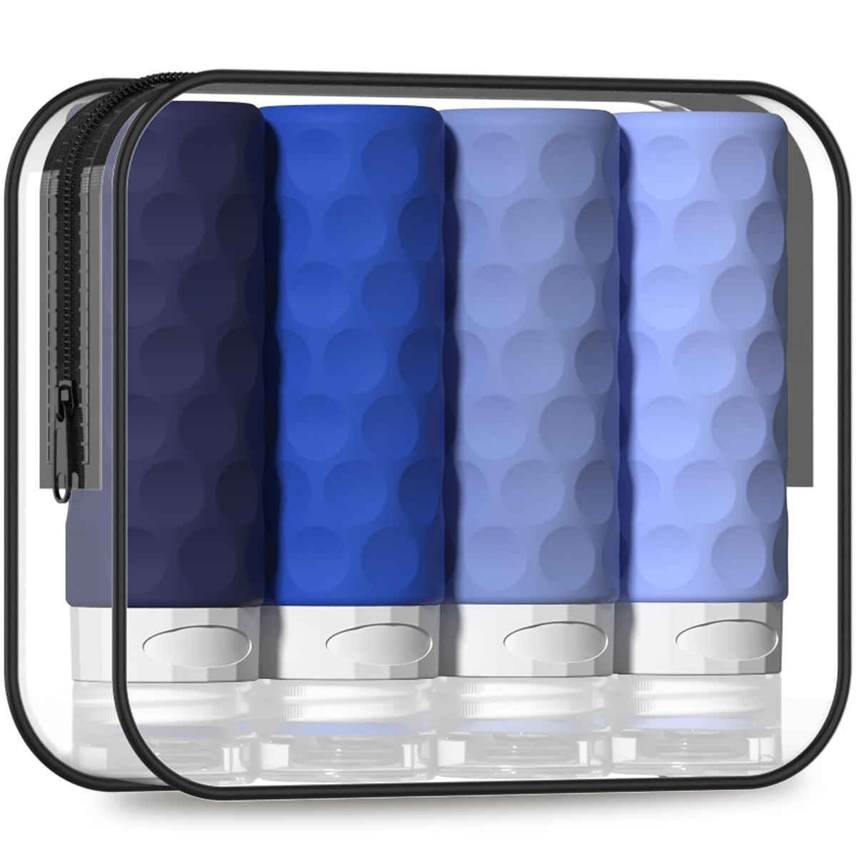 Silevoler front view of four blue bottles and clear toiletry bag showing compact set benefit