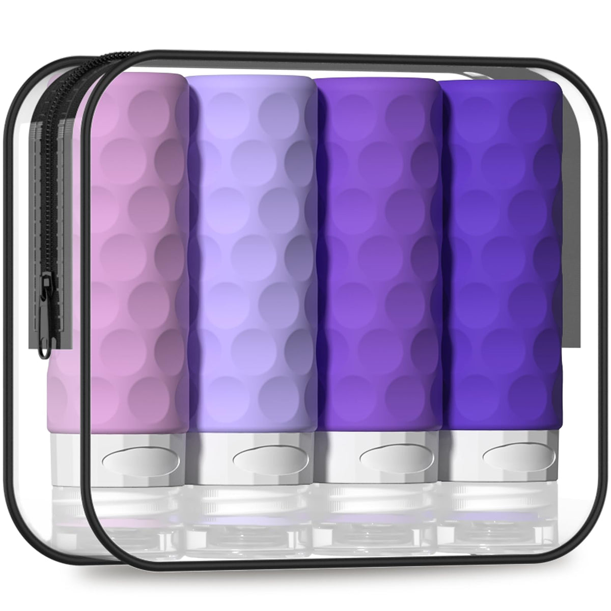 Silevoler front view of four purple travel bottles showing compact TSA-ready kit benefit