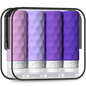 Silevoler front view of four purple travel bottles showing compact TSA-ready kit benefit
