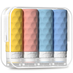 Silevoler front view showing four bright travel bottles and clear pouch beneficial for organization