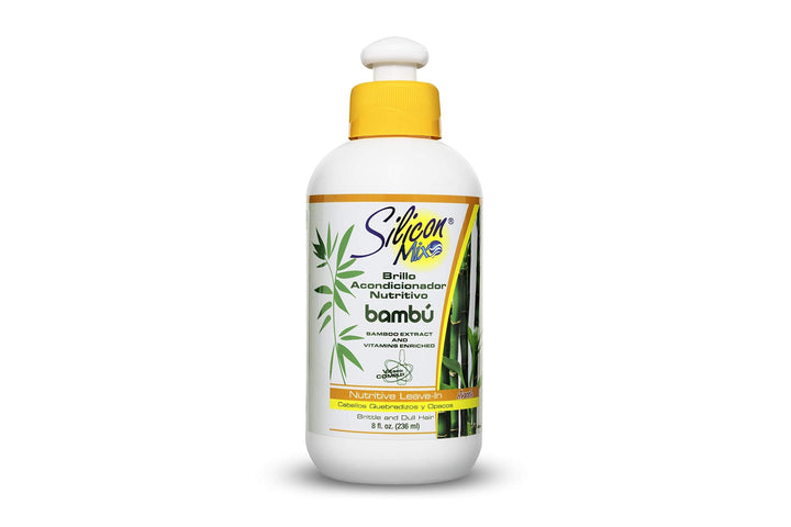 Silicon Mix bamboo leave-in front bottle showing label, lightweight conditioning benefit