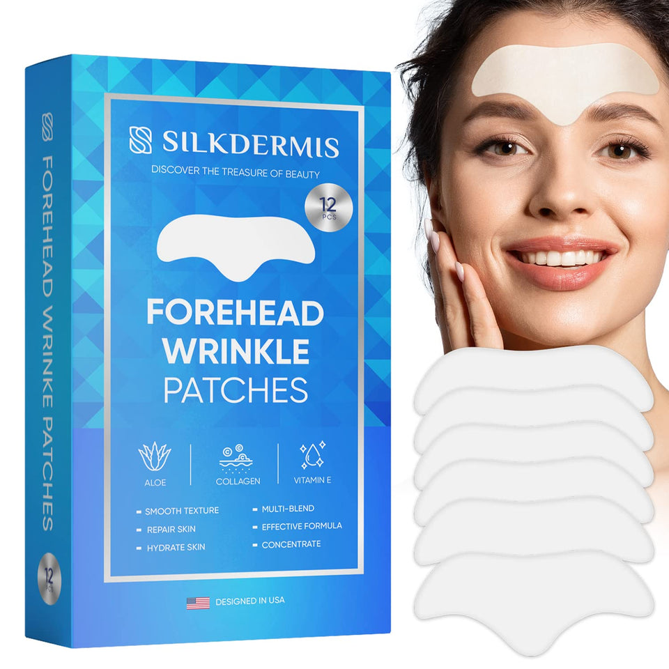 SILKDERMIS front packaging showing 12 forehead wrinkle patches and benefits