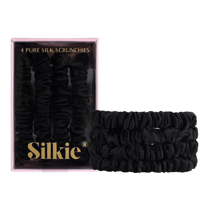 Silkie front view of black scrunchies showcasing sleek packaging and elegant hold