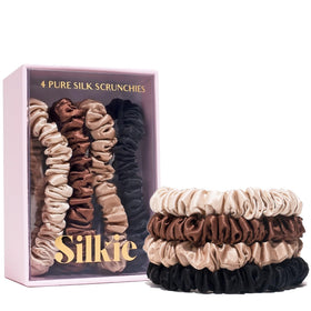 Silkie front packaging chocolate showing elegant silk scrunchies and pouch, stylish protection