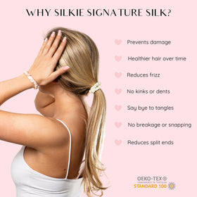 Silkie scrunchie worn on wrist showing portable style and gentle hair protection