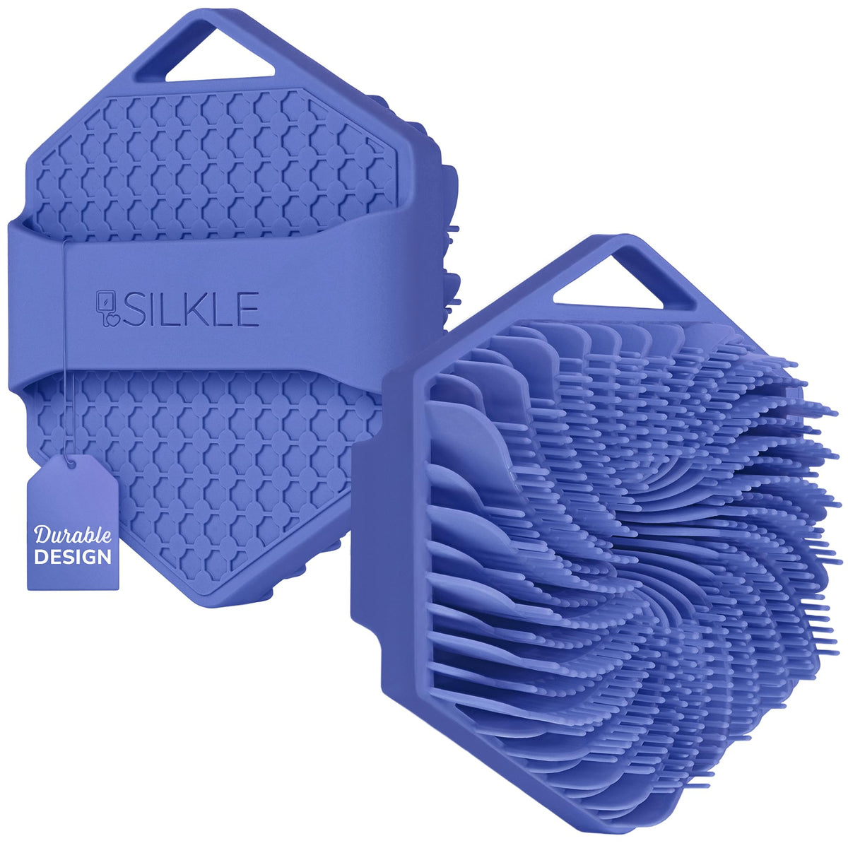 SILKLE front view showing blue silicone scrubber and non-slip strap for hygienic cleansing