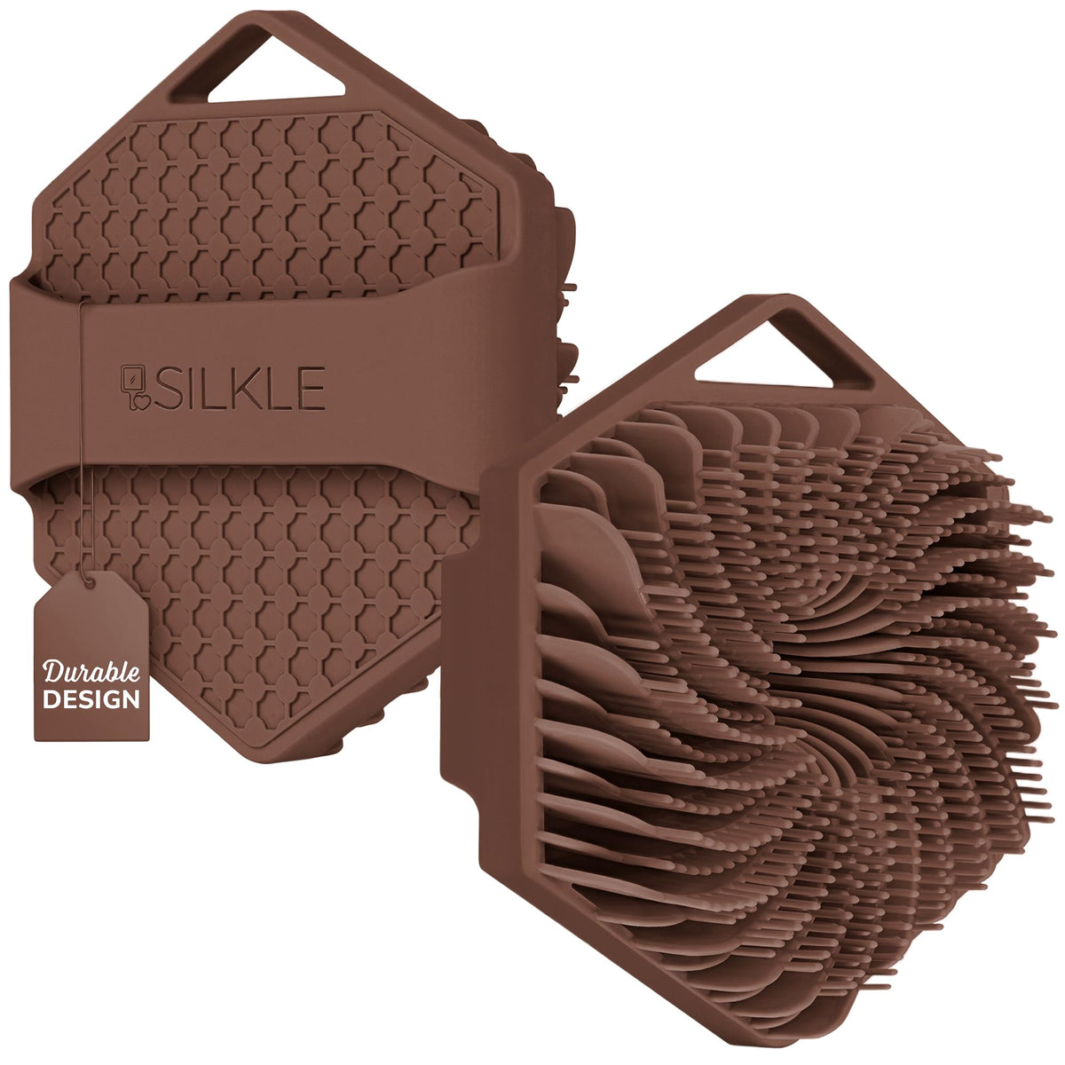 SILKLE front view of brown silicone body scrubber showing shape and bristles for hygienic cleansing