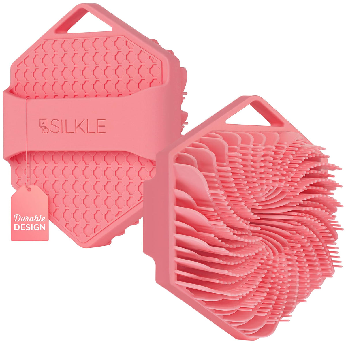 SILKLE front view of pink silicone body scrubber showing shape and grip benefits