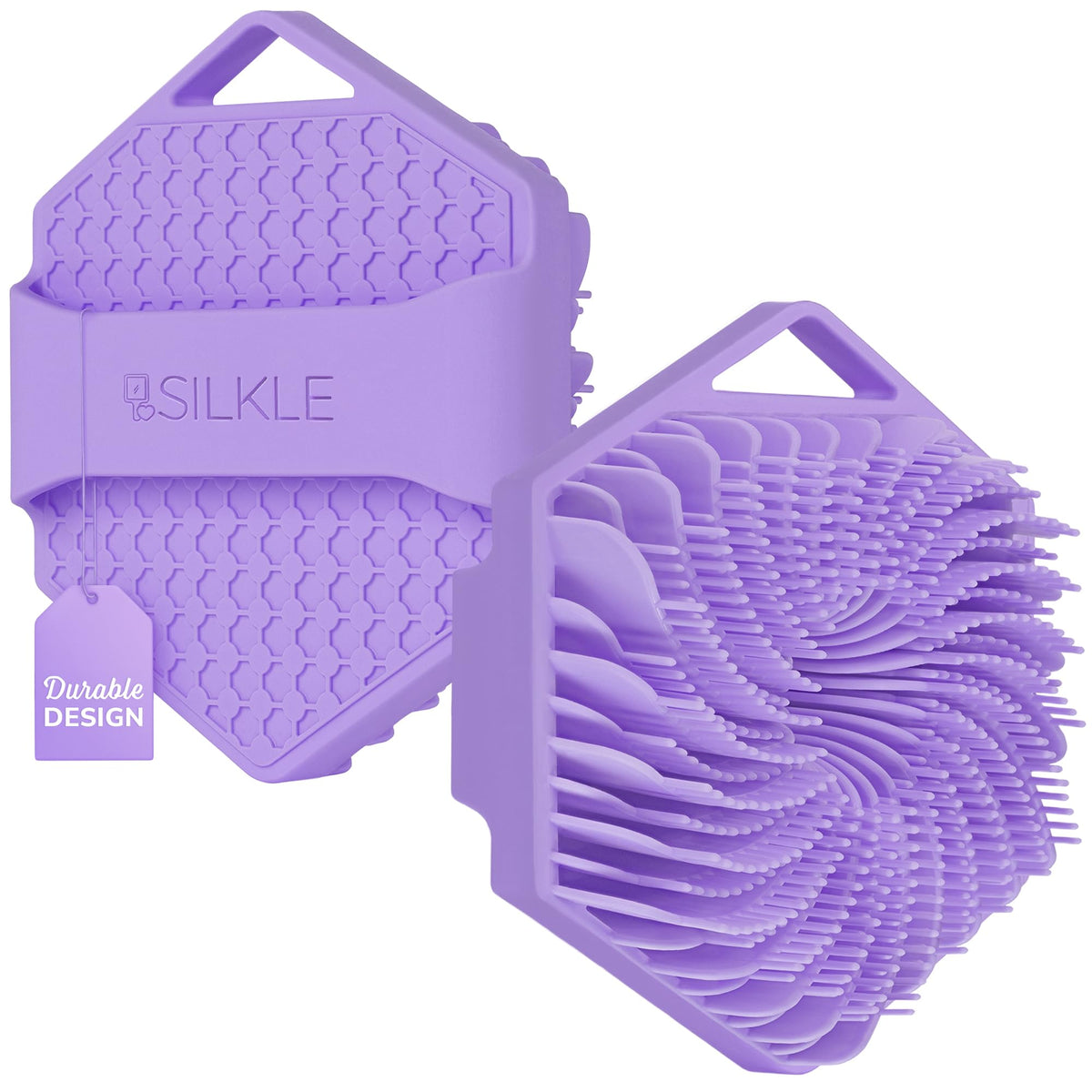 SILKLE front view purple silicone body scrubber showing shape and color, hygienic benefit