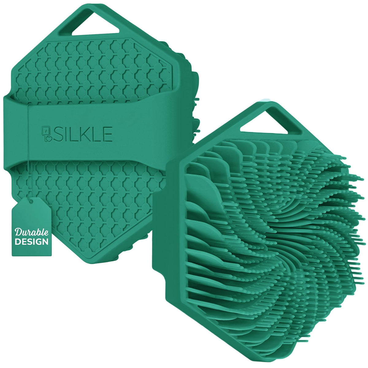 SILKLE front view of green silicone body scrubber showing shape and quick-dry benefit
