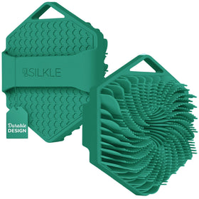 SILKLE front view of green silicone body scrubber showing shape and quick-dry benefit