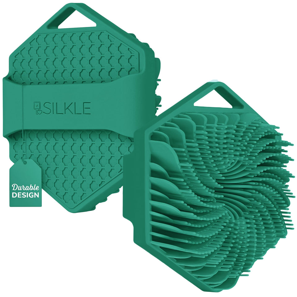 SILKLE front view of green silicone body scrubber showing shape and quick-dry benefit