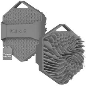 SILKLE front view of gray scrubber showing compact shape and strap