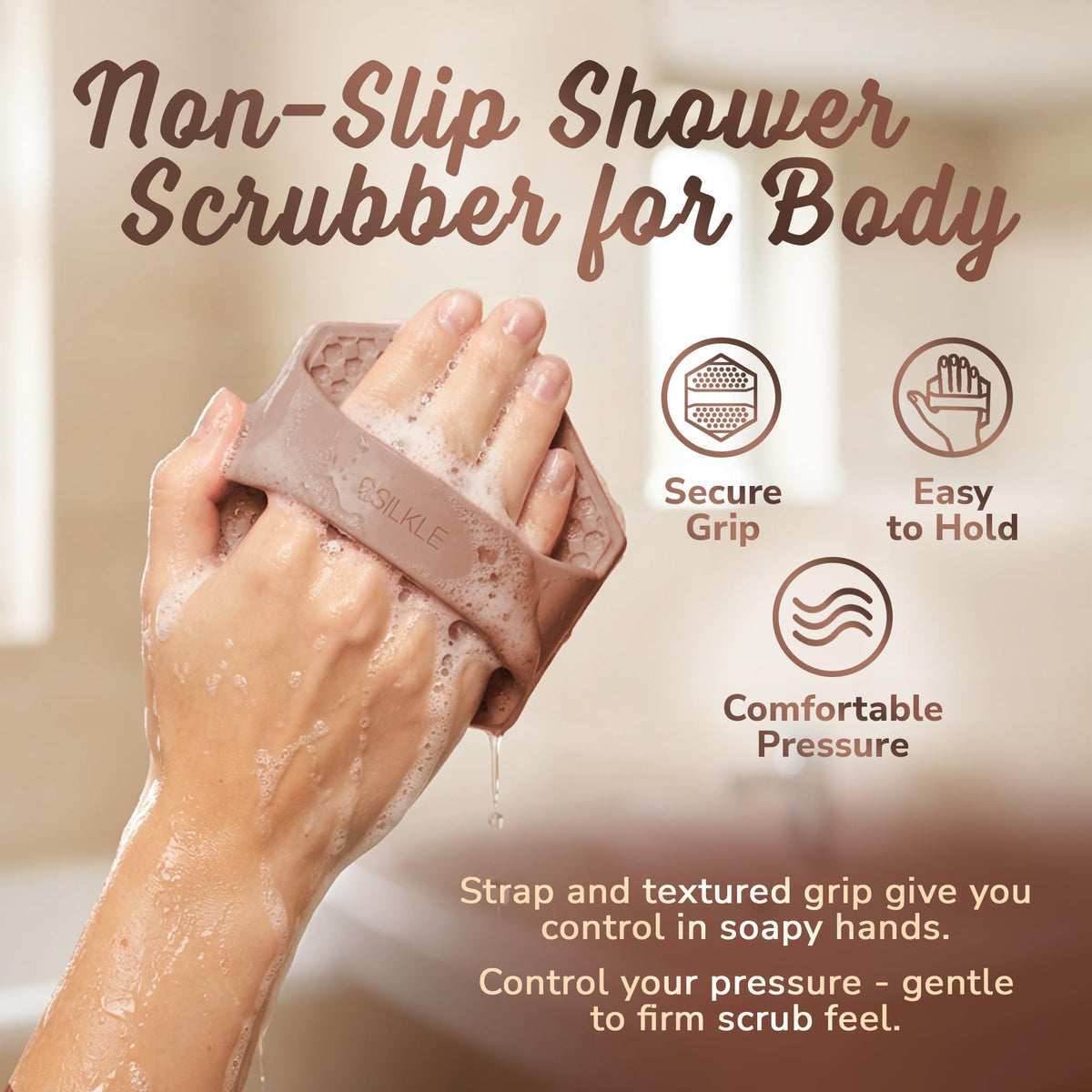 SILKLE in-shower use showing ergonomic angle and effective body cleansing during shower