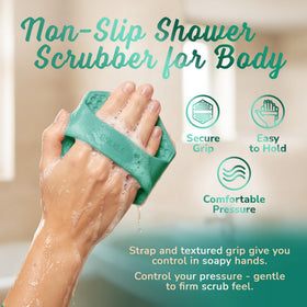 SILKLE scrubber in use under running shower demonstrating easy rinsing