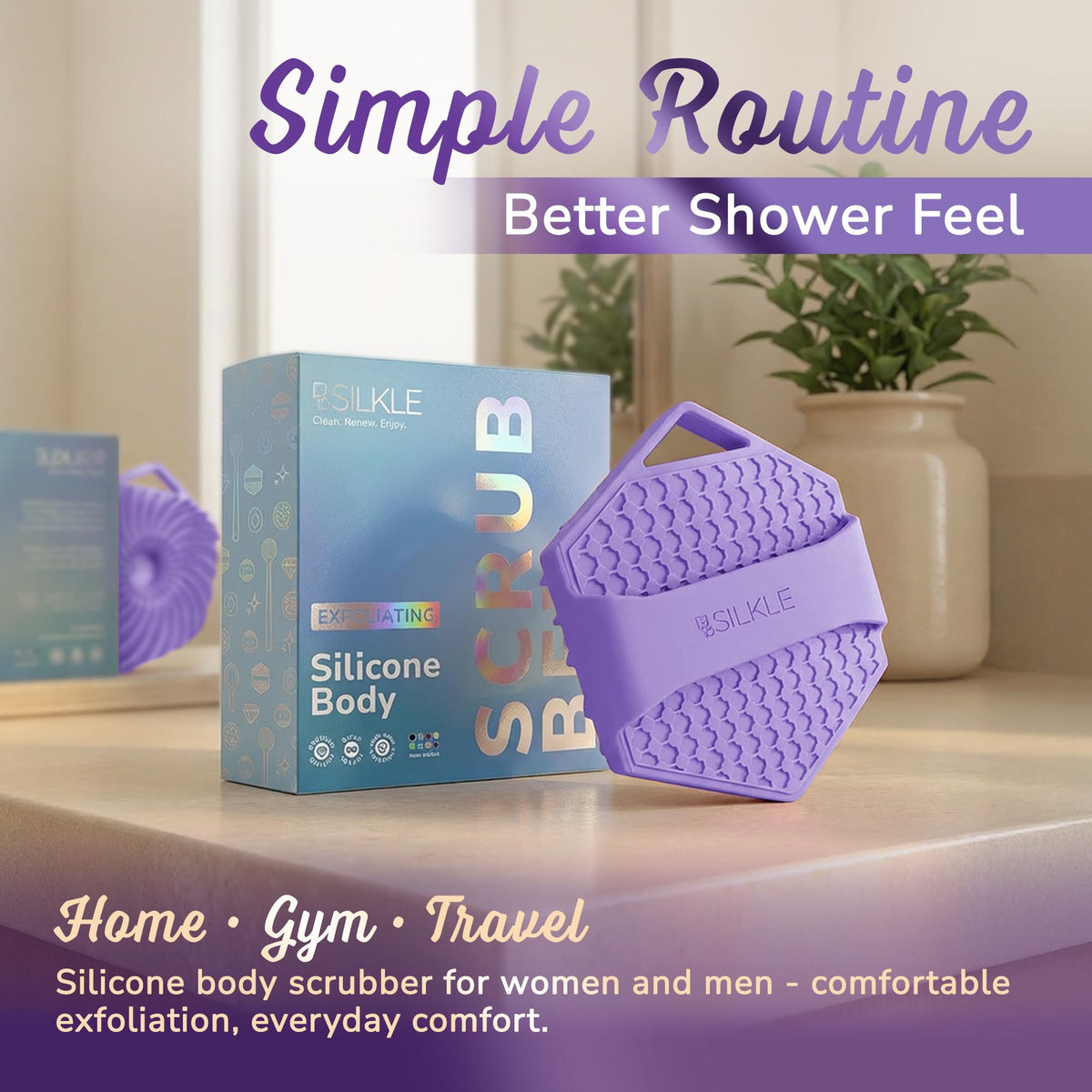 SILKLE placed on bathroom counter with soap showing organized travel-ready benefit