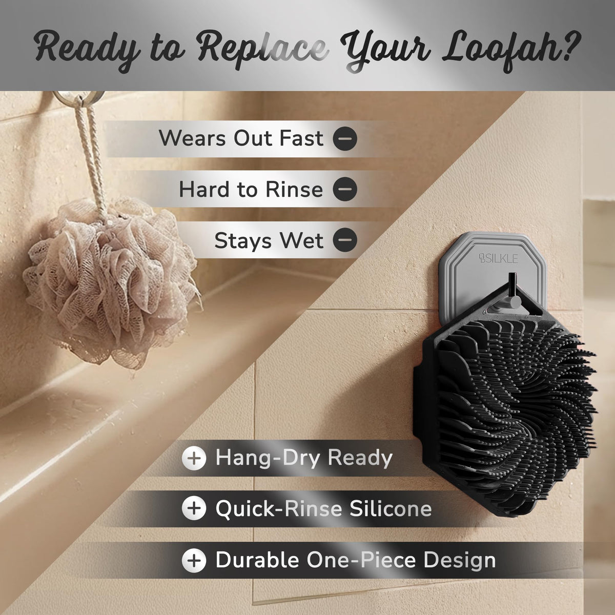 SILKLE non-slip strap detail demonstrating secure grip during soapy use