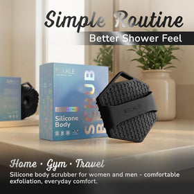 SILKLE packaged scrubber in bathroom setting emphasizing travel-ready convenience