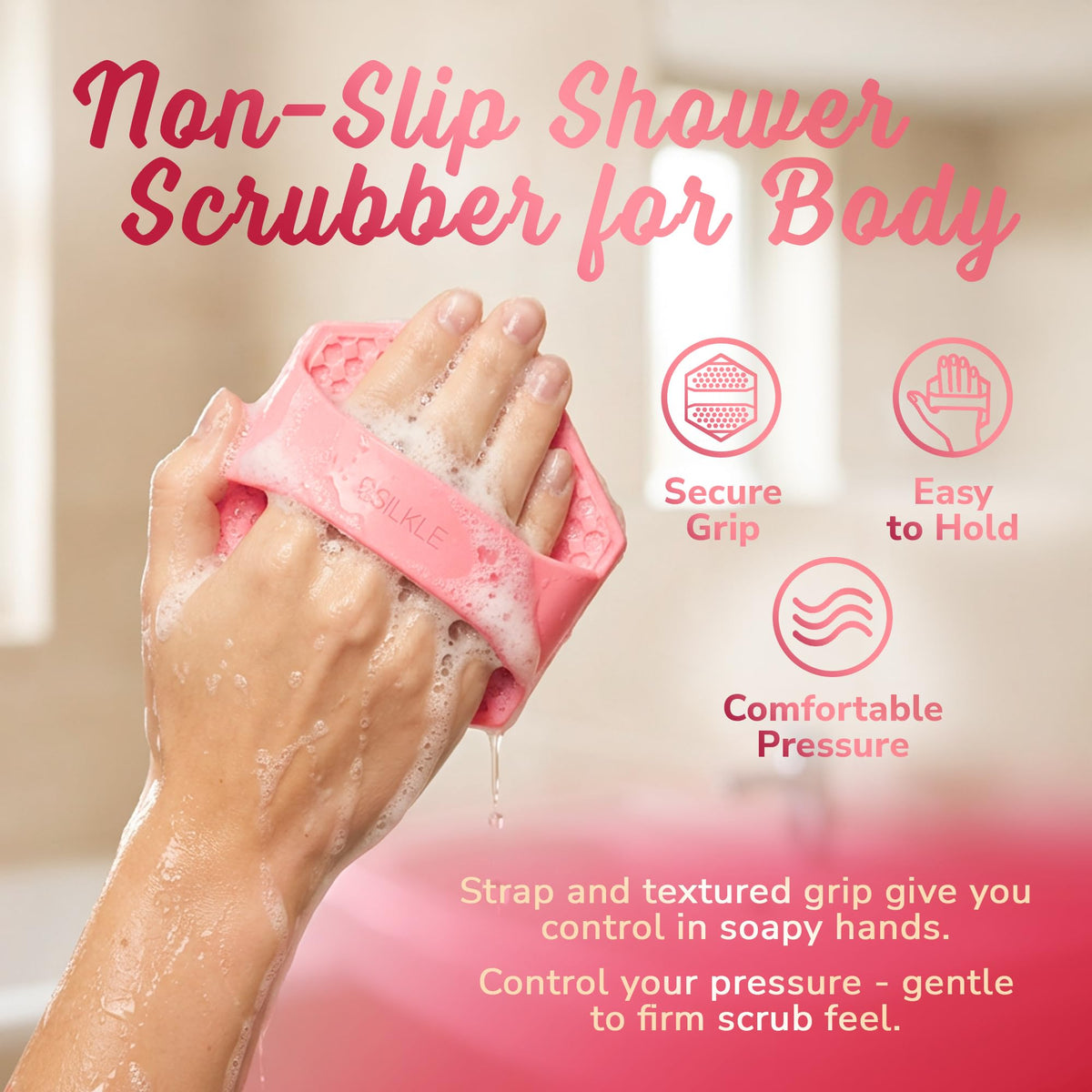 SILKLE scrubber next to hand for scale showing comfortable handheld size