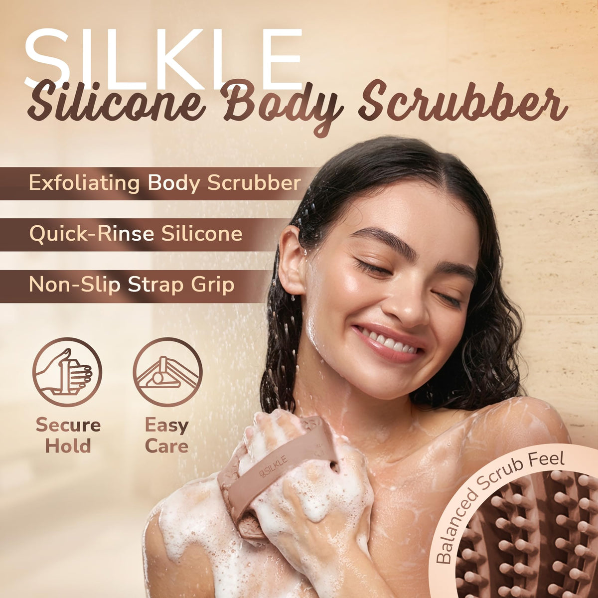 SILKLE close-up of textured silicone bristles highlighting gentle exfoliation and easy rinse
