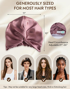 SilkSilky bonnet worn on model beside bed demonstrating overnight protection