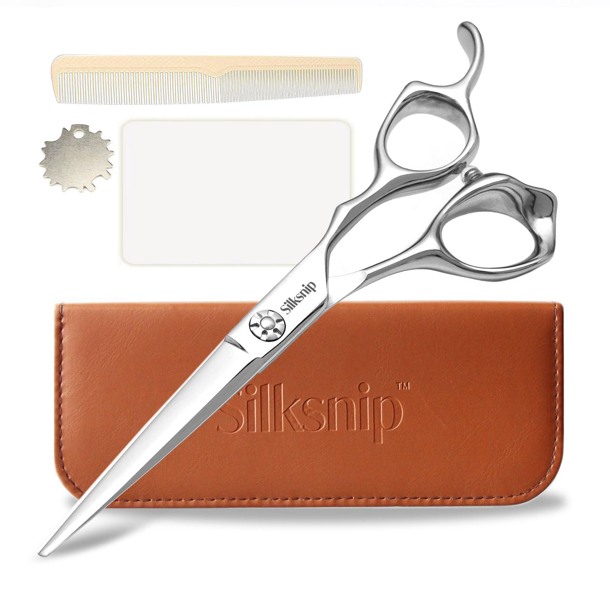 Silksnip front view showing professional shears and packaging for durable performance