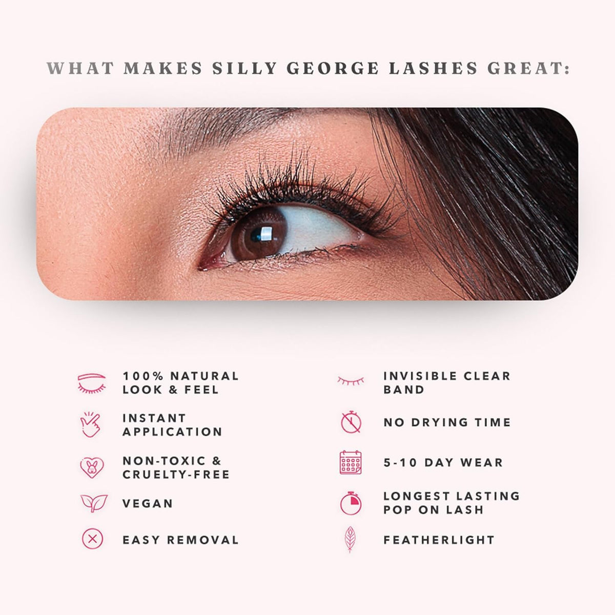 Silly George lifestyle closeup of eye wearing clusters for undetectable effect