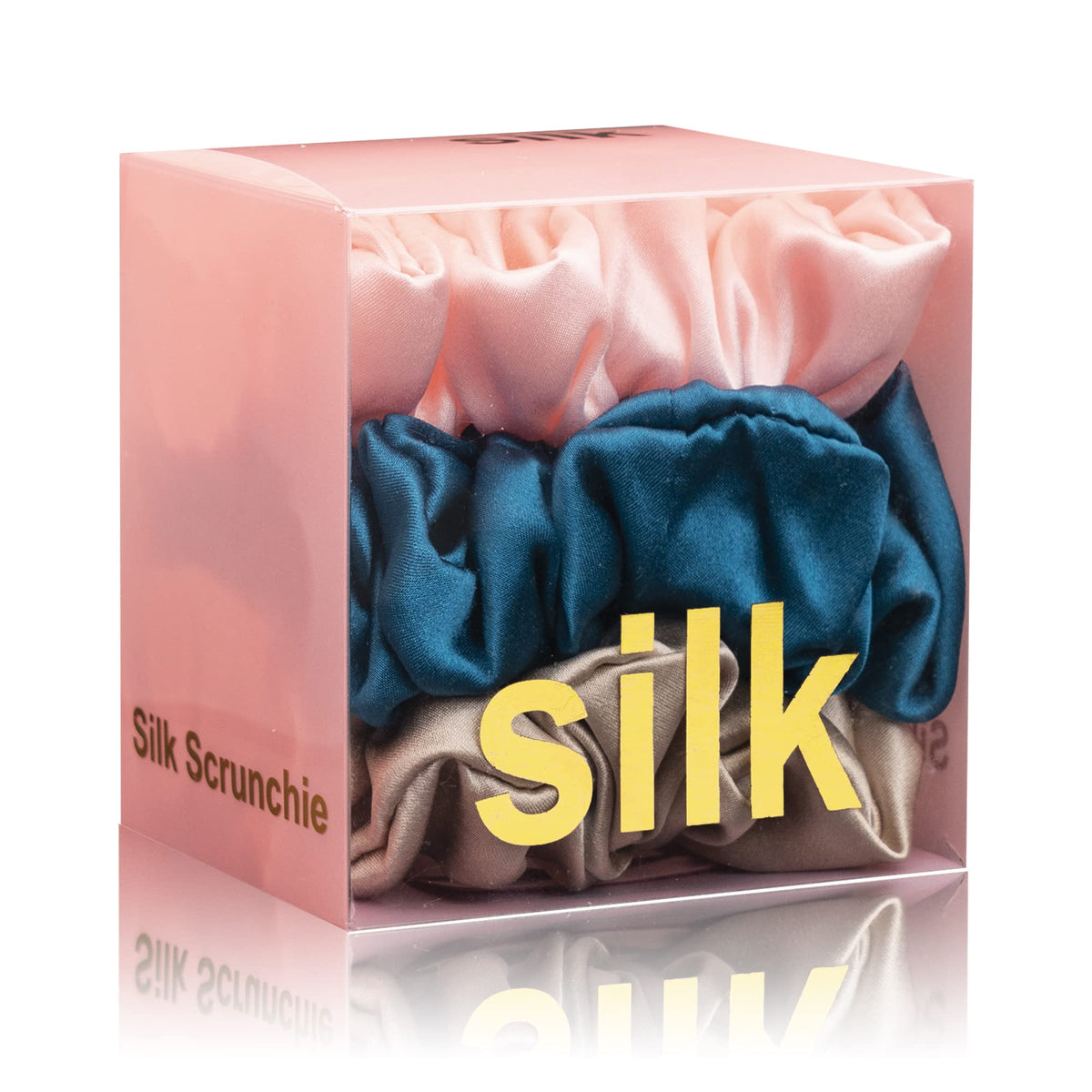 Silmer front packaging showing three silk scrunchies and brand benefit