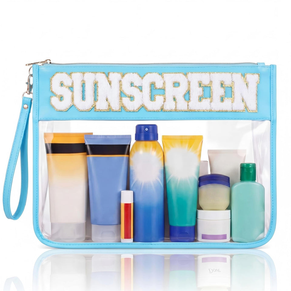 SilTriangle front view of clear sunscreen pouch showing capacity and zipper benefit