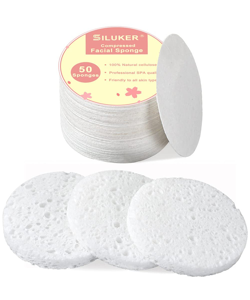 SILUKER front packaging showing 50-count compressed sponges and eco benefits