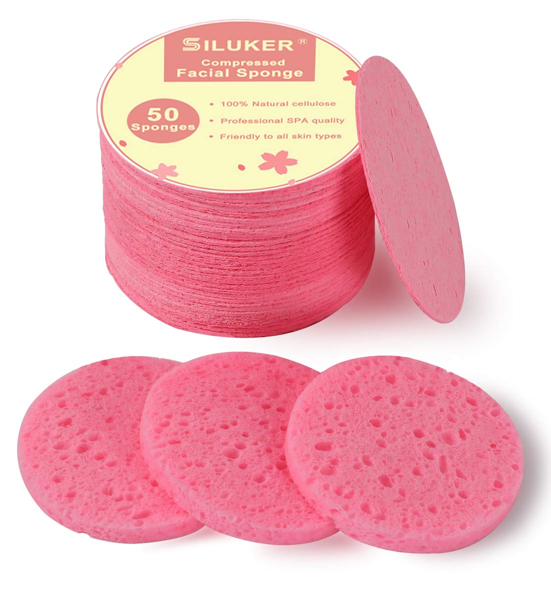 SILUKER front packaging showing 50-count compressed sponges and eco benefits