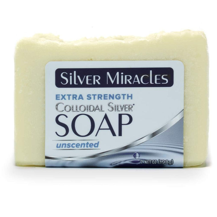Silver Miracles soap bar front view showing label and natural finish, gentle cleansing