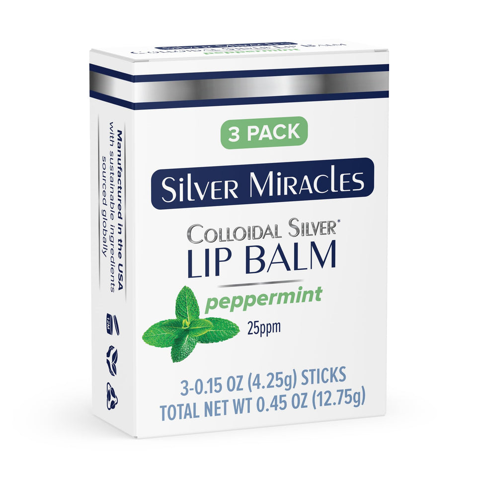 Silver Miracles front view of three lip balm tubes showing packaging and travel convenience