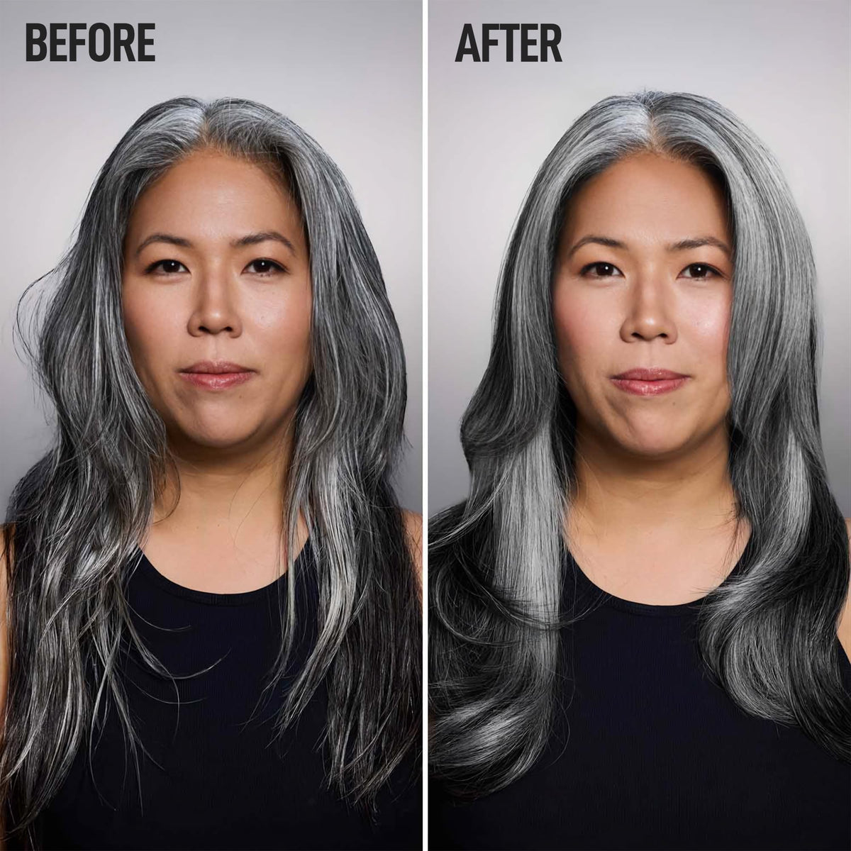 Silverist before and after shine comparison on gray hair, showing increased gloss and manageability