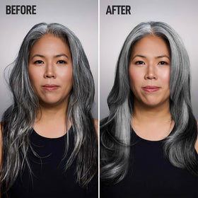 Silverist before and after shine comparison on gray hair, showing increased gloss and manageability