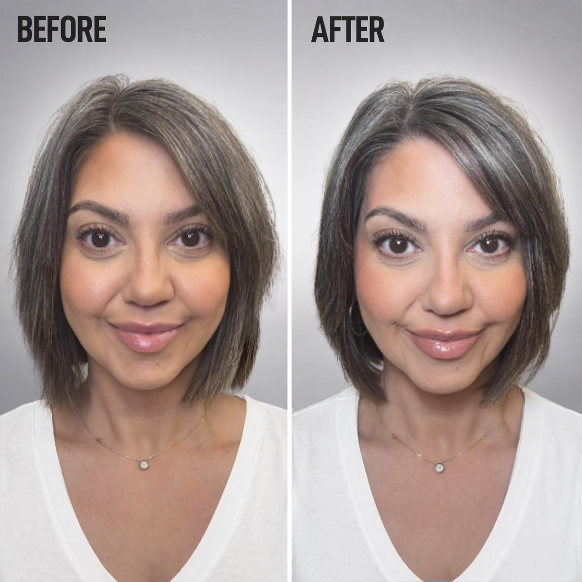 Silverist before and after tones on silver hair, shows reduced yellowing